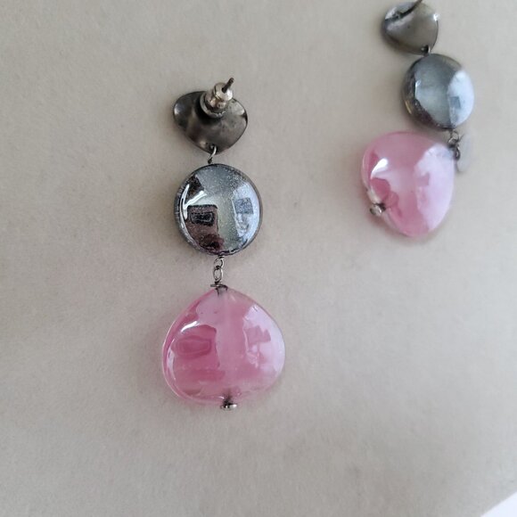 ANTICA MURRINA Murano Glass Drop Earrings Candy Pink Gunmetal Foil Glass Silver - Picture 7 of 7